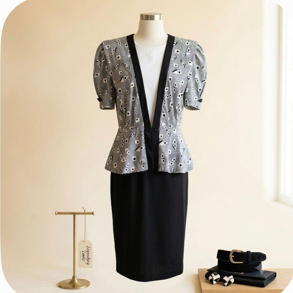 Vintage Jenny 80’s peplum mod midi geometric art deco Memphis retro black and wh